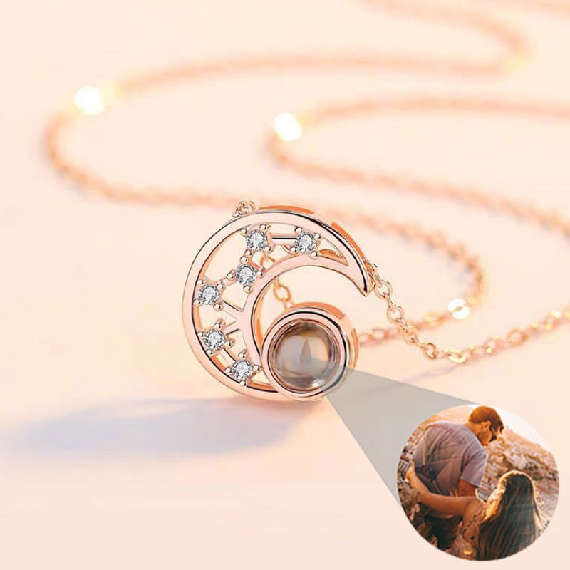 Sterling Silver Personalized Photo Projection Necklace-Star And Moon Necklace