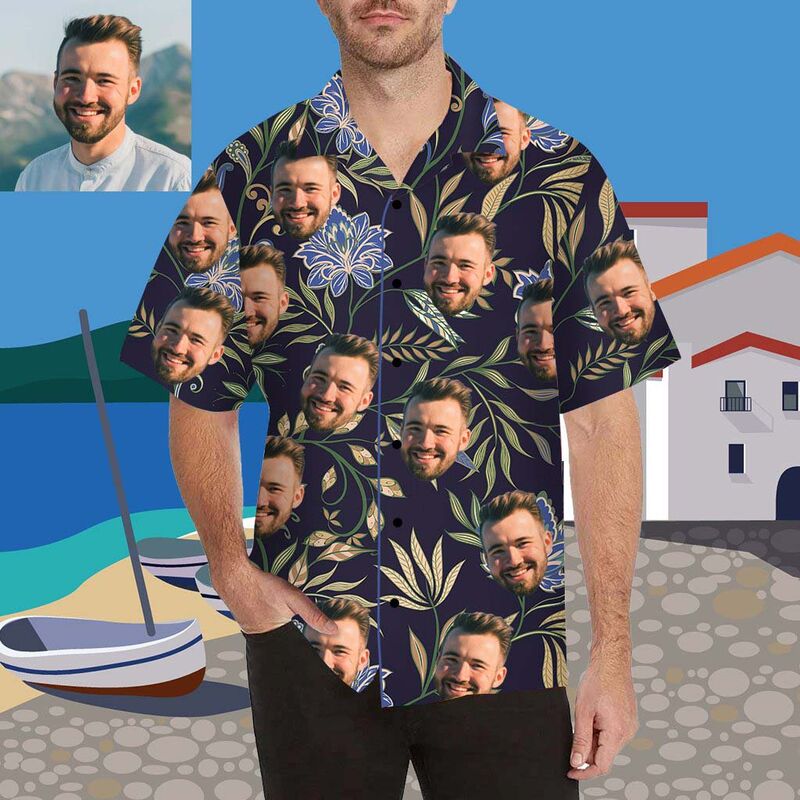 Custom Face Blue Flower Men's All Over Print Hawaiian Shirt