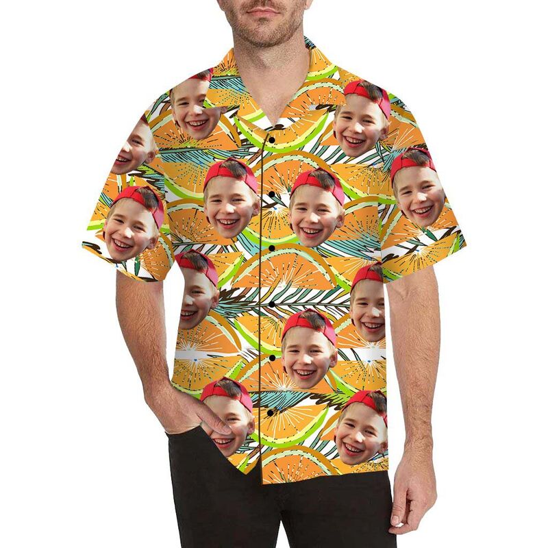 Chemise hawaïenne à impression intégrale pour hommes Visage personnalisé Orange