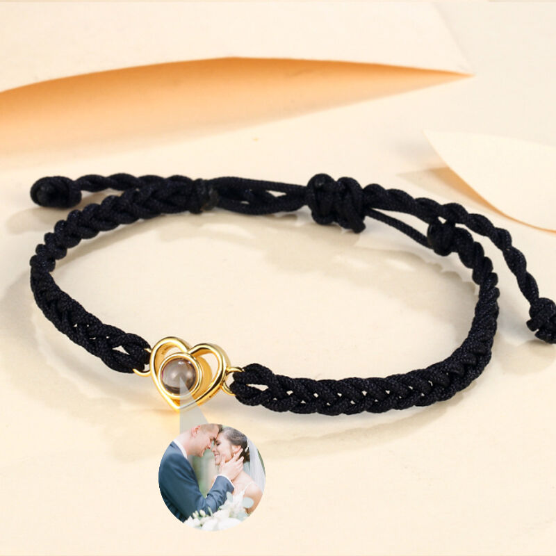 Personalized Heart Photo Projection Black String Bracelet Gift