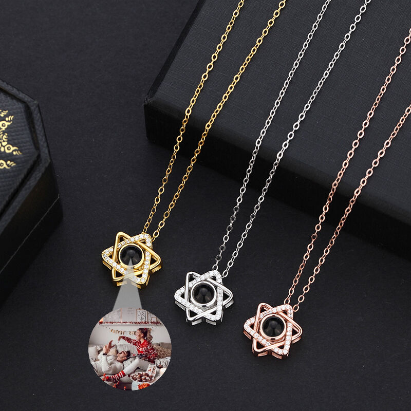 Personalized Hexagonal Star Photo Projection Necklace with Diamonds for Couple