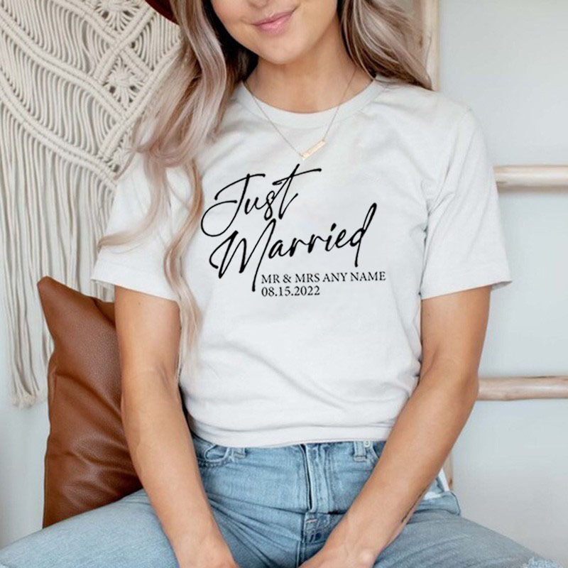 Personalized T-shirt Custom Name and Date Just Married Sign Unique Gift for Wedding Couple