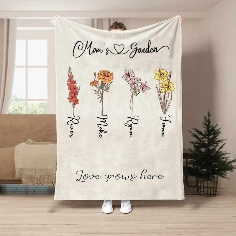 Personalized Name And Birth Flowers Blanket with Custom Backgroud Color Precious Gift for Best Mom