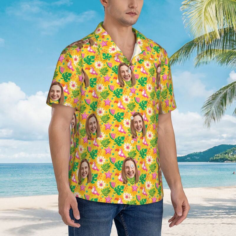 Camicia hawaiana personalizzata a maniche corte gialla per gli amanti della spiaggia