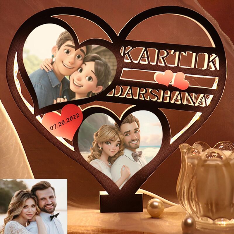 Personalized Heart Shaped Night Light Custom Cartoon Style Photos And Names Cute Gifts For Couples