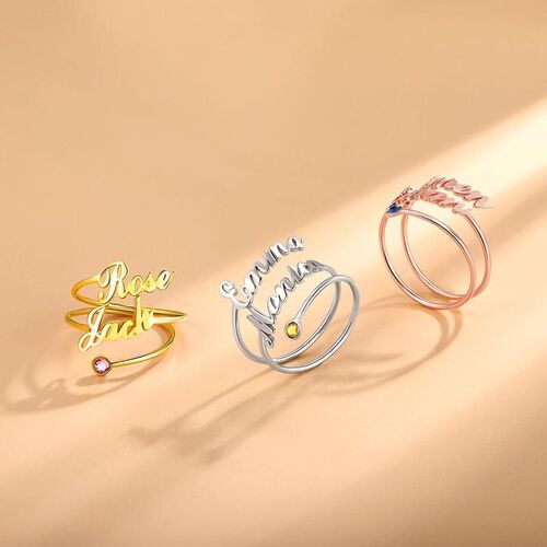Personalized Two Names Ring with Birthstone