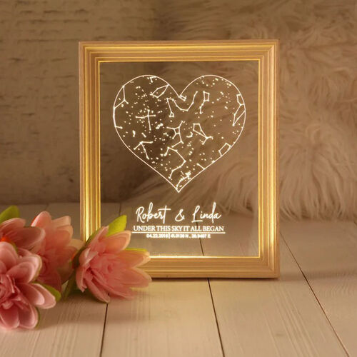 Personalized Wooden Acrylic Heart Shaped Star Map Chart Custom Name Lamp