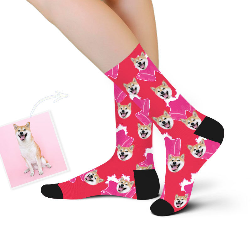 Calcetines con foto de cara divertida de mascota estampado de campanas de navidad