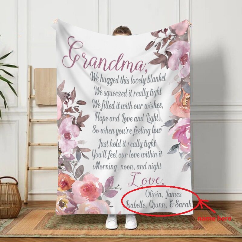Custom Name Pink Floral Pattern Blanket Gift Warm Presnt for Grandma