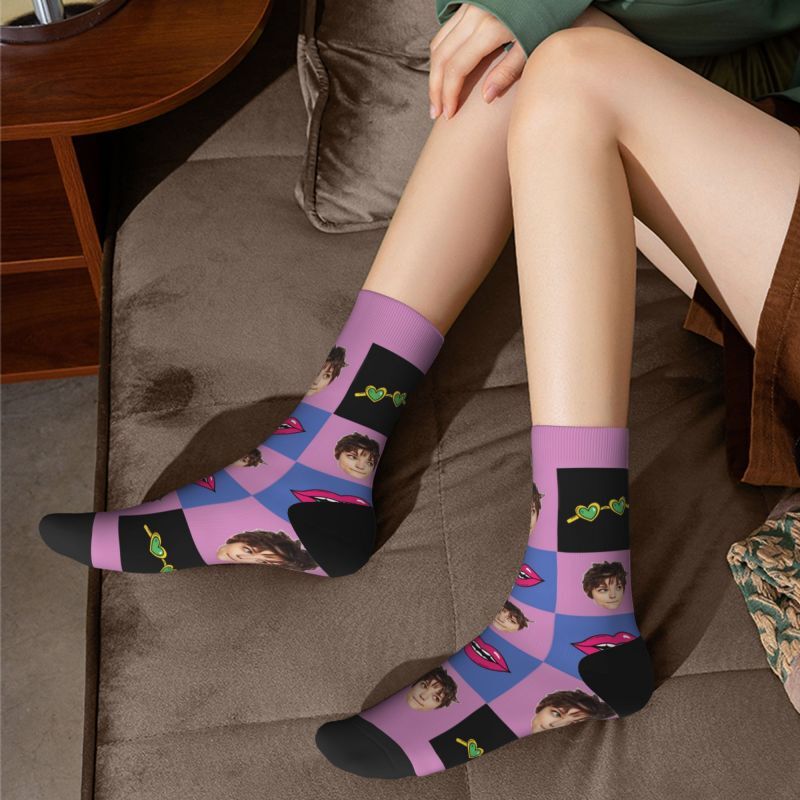 Personalisierte Foto-Socken bunt kariert lustig rote Lippen für Freunde