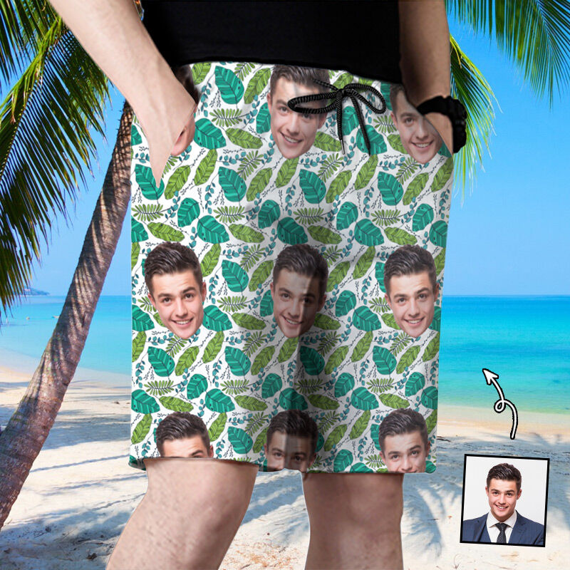 Personalized Picture Men's Beach Shorts with Green Leaves Pattern Stylish Gift for Father