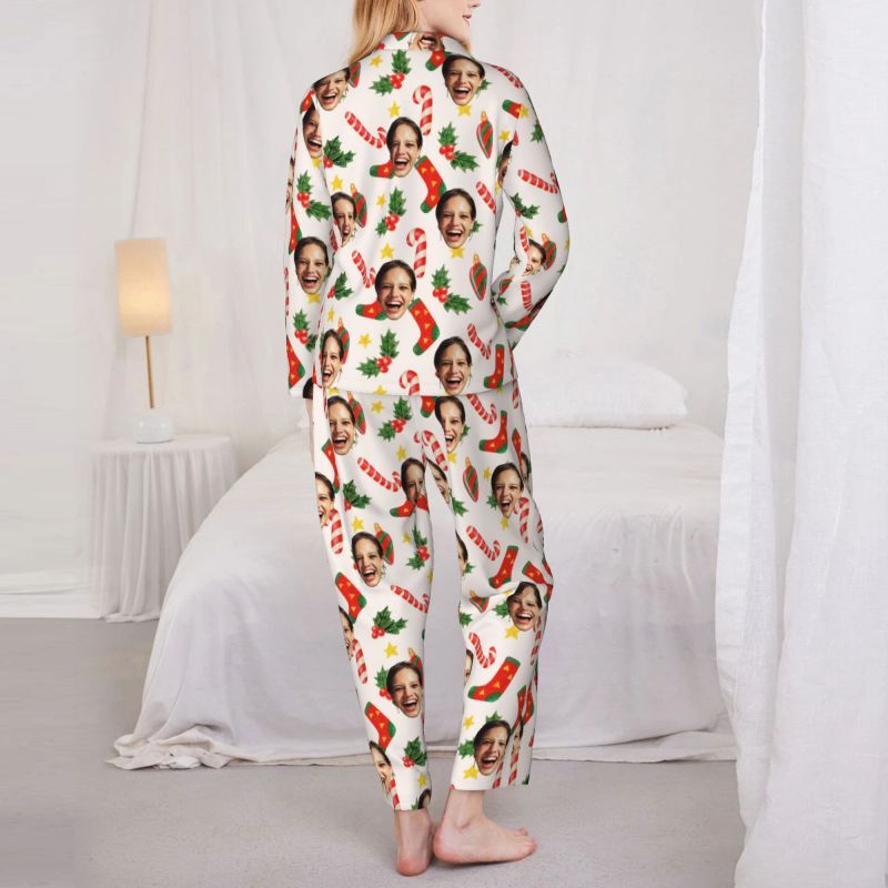 Personalized Pajamas Custom Photo Cute Stockings Festive Pattern Design Christmas Gift for Family