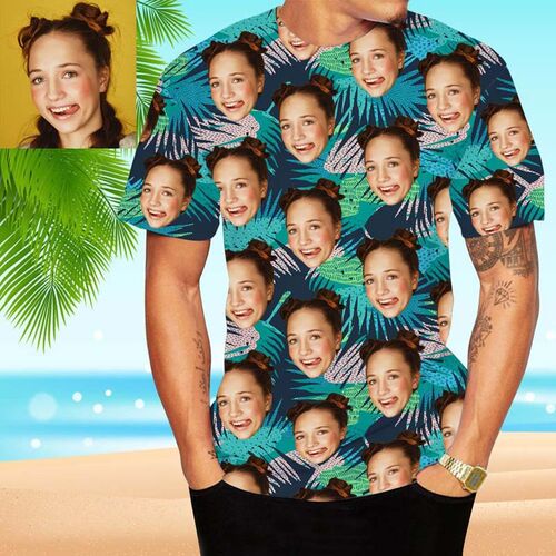 T-shirt hawaïen personnalisé avec visage coloré et feuilles de palmier