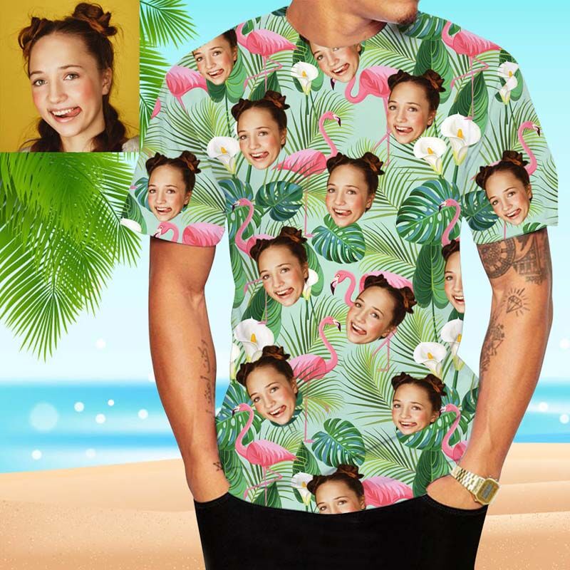 Custom Face Hawaiian T-Shirt With Flamingo & Leaves