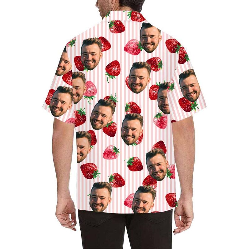 Chemise hawaïenne à motif de fraises pour hommes, imprimée sur toute la surface, avec visage personnalisé