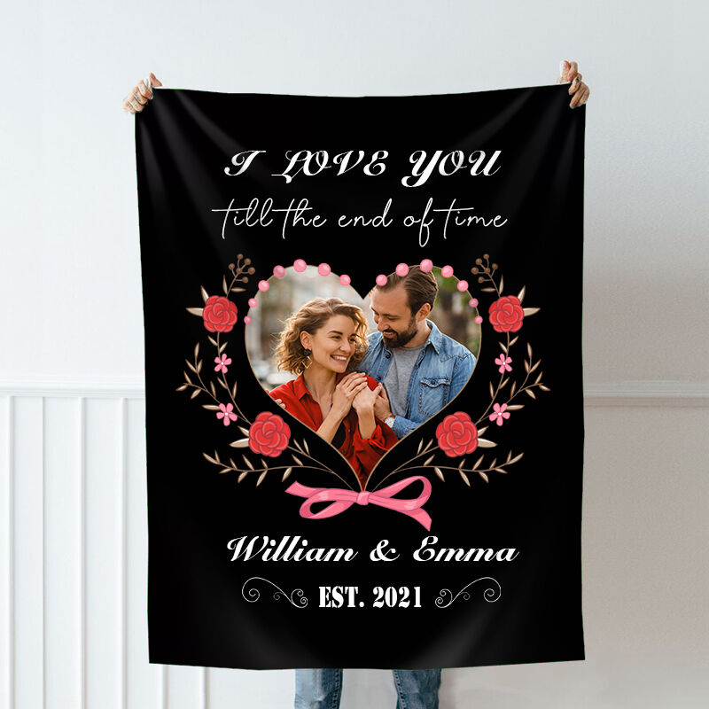 Personalized Picture Blanket with Red Flowers Pattern Beautiful Present for Couple