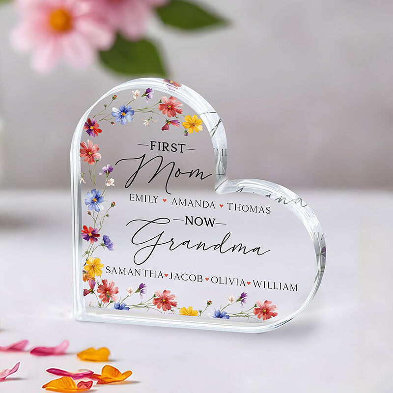 Personalized Acrylic Plaque First Mom Now Grandma with Custom Names Flowers Design Great Gift for Mother's Day