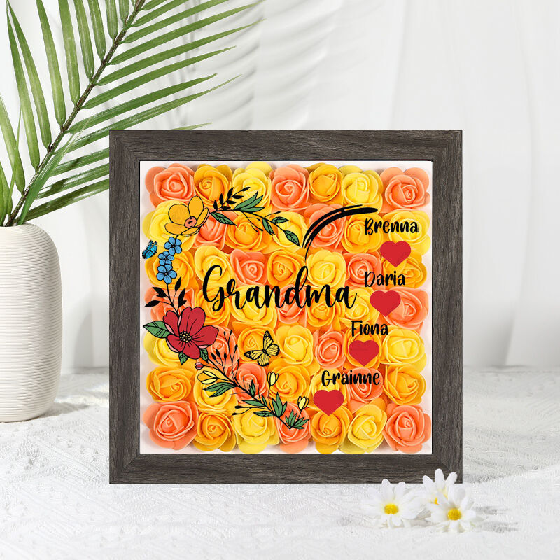Personalized Flower Shadow Box Custom Names with Floral Heart Design Unique Gift for Mother's Day