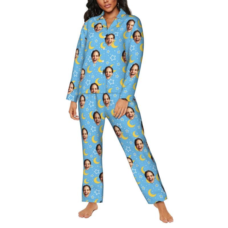Personalized Pajamas Custom Photo Light Blue Stars Moon Pattern Design Vibrant Gift for Family