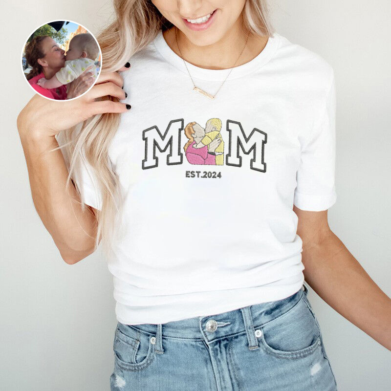 T-shirt personnalisé brodé photo de famille personnalisée avec votre message Cadeau parfait pour la fête des mères