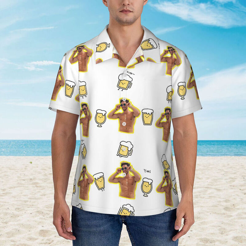 Custom Hawaiian Shirt with Beer Mug Print Simple Beach Short Sleeve for Couples