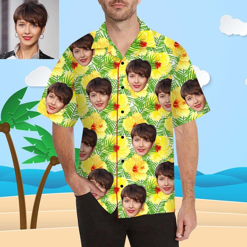 Chemise hawaïenne pour hommes à impression intégrale, avec visage personnalisé, jaune hibiscus