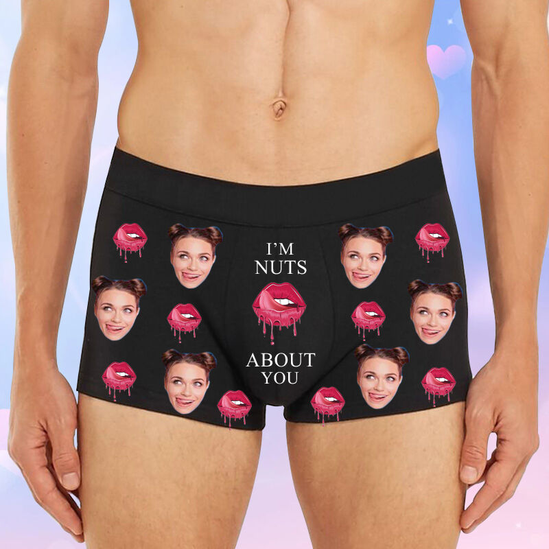 Personalized Photo Men's Underwear Boxer Briefs with Pink Mouth Pattern Funny Valentine's Day Gift"I'M Nuts About You"