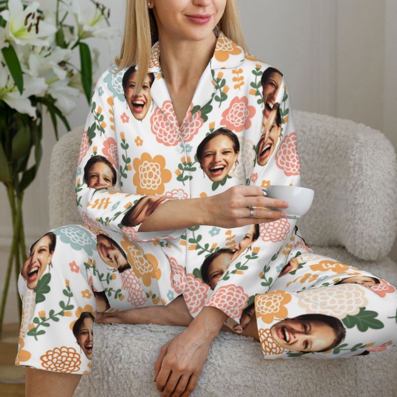 Personalized Pajamas Custom Photo Colorful Floral Pattern Elegant Design Gift for Her Family