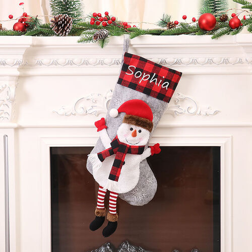 Chaussette de Noël grise personnalisée avec nom du bonhomme de neige à longues pattes