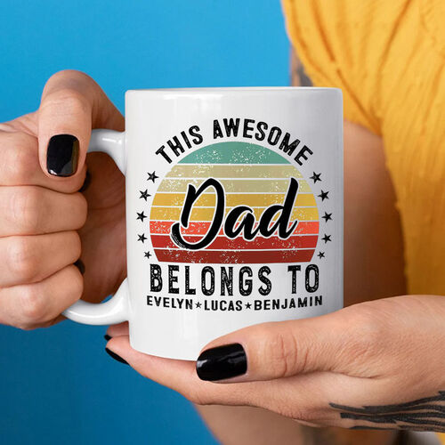 Personalized Name Mug with Retro Sunset Style Pattern Gift for Daddy "This Awesome Dad Belongs To"