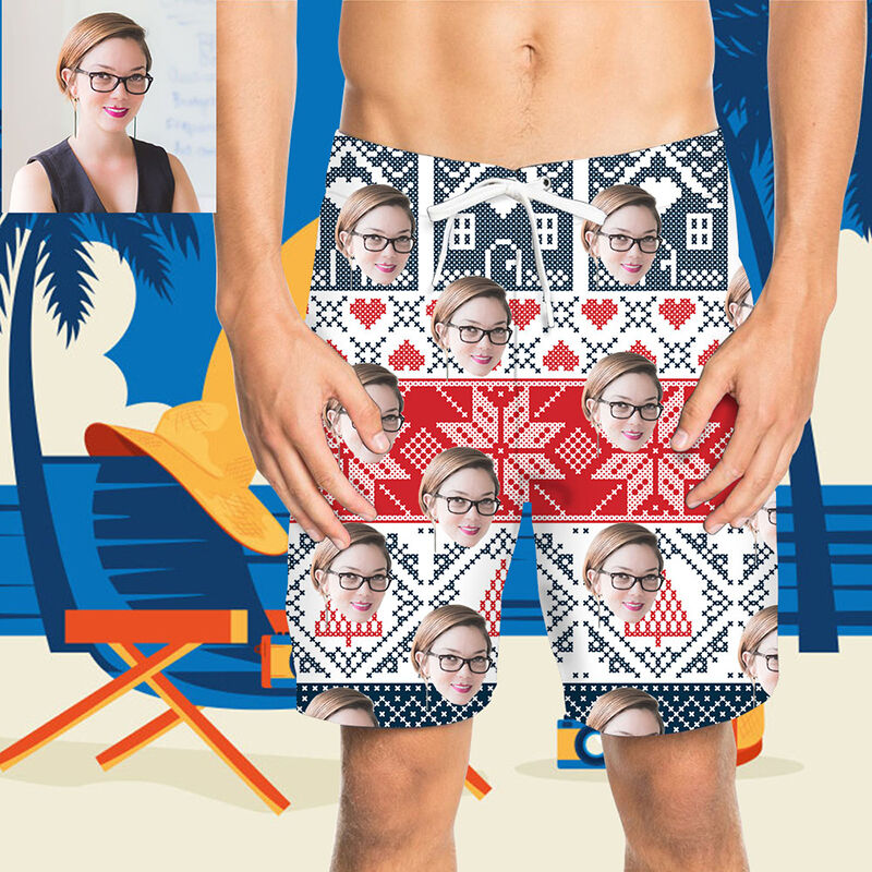 Custom Face Red and Blue Men's Beach Shorts
