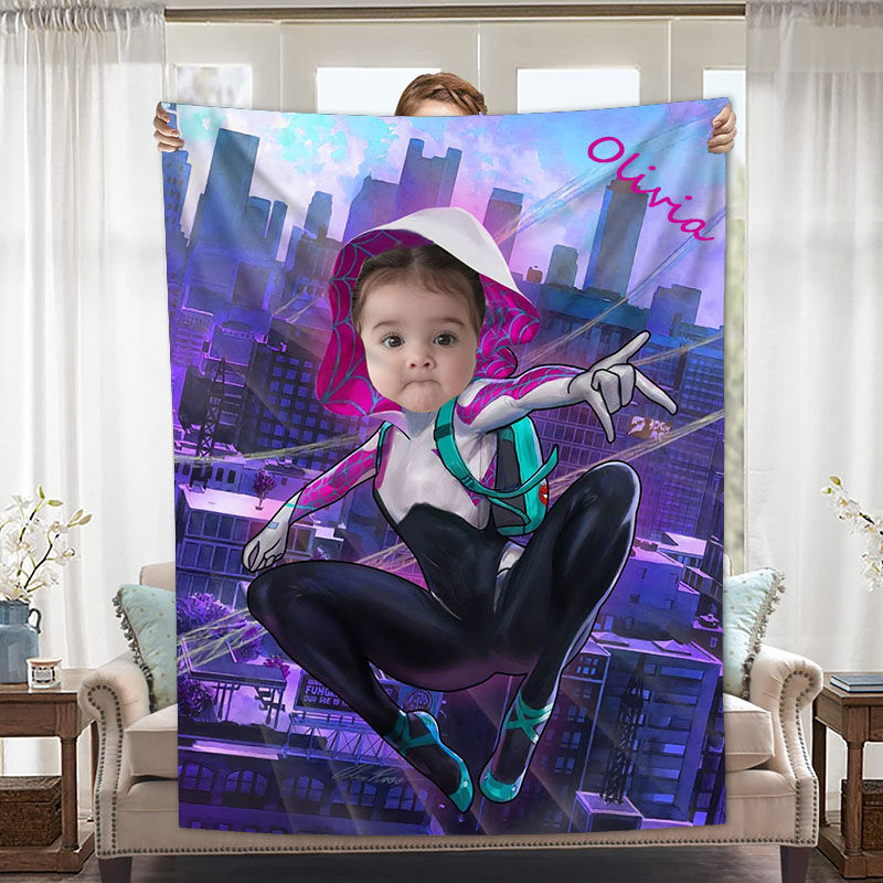 Personalized Custom Photo Blanket Cartoon Image City Flying Background Girls Flannel Blanket