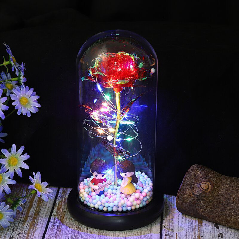 Galaxy Rose Glas Lampenschirm Konservierte Blume Rose Gitarre spielendes Paar Nachtlicht Geschenk