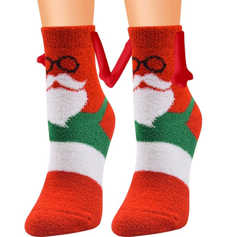 Beautiful Holding Hands Magnetic Socks with Santa Claus And Snowman Pattern Best Gift for Christmas
