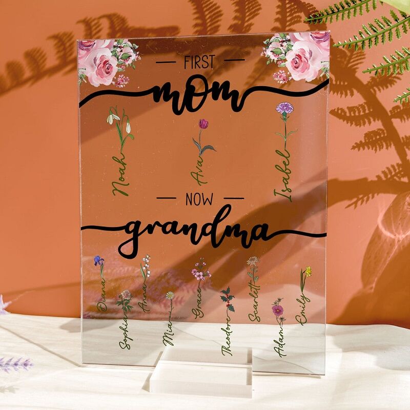 Personalized Acrylic Plaque First Mom Now Grandma with Custom Flower Name Great Gift for Mom