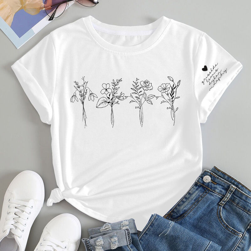 Personalized T-shirt Gorgeous Birth Flower with Custom Names On The Sleeve Unique Gift for Her