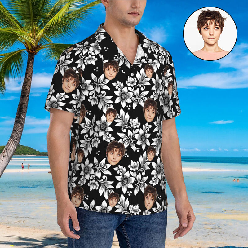 Custom Hawaiian Shirt Black Top White Floral Add Face Photo for Men