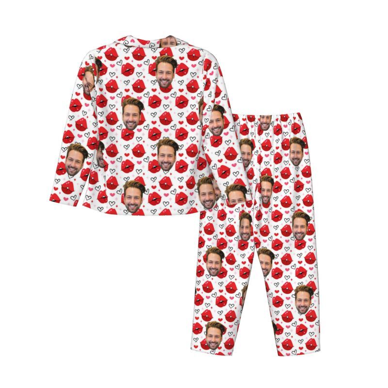 Personalized Pajamas Custom Couple Photo Hot Kiss Heart Pattern Design Perfect Gift for Lovers