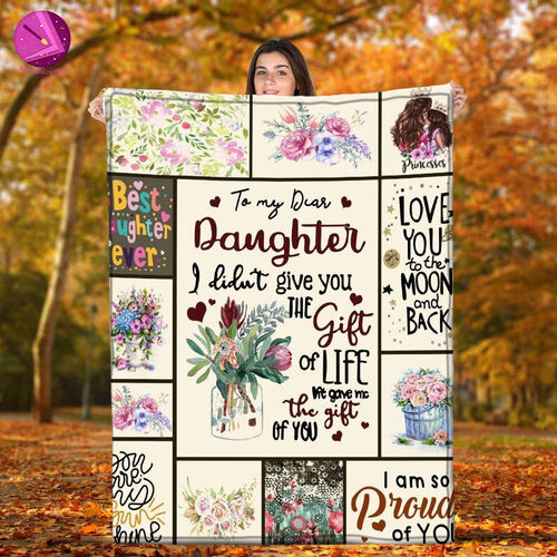 Couverture en flanelle avec lettre d'amour à sa fille, imprimée de fleurs colorées