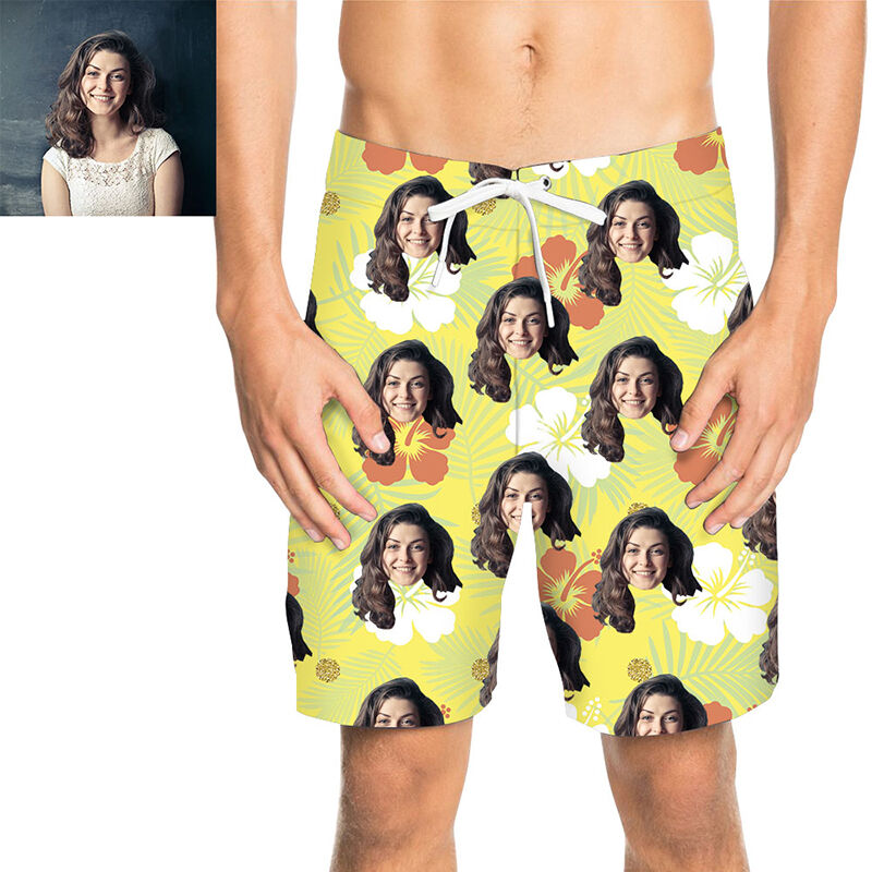 Custom Face White and Brown Flowers Men's Beach Shorts