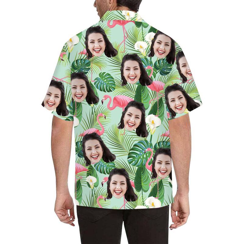 Custom Face Flamingo among Plants Men's All Over Print Hawaiian Shirt
