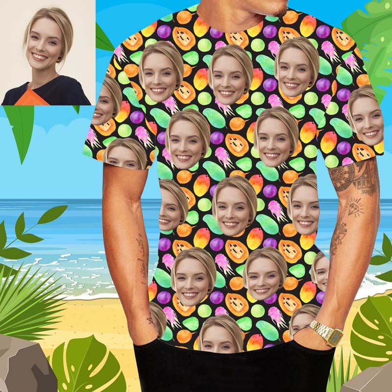Personalized Face Hawaiian T-Shirt Printed With Colorful Fruits