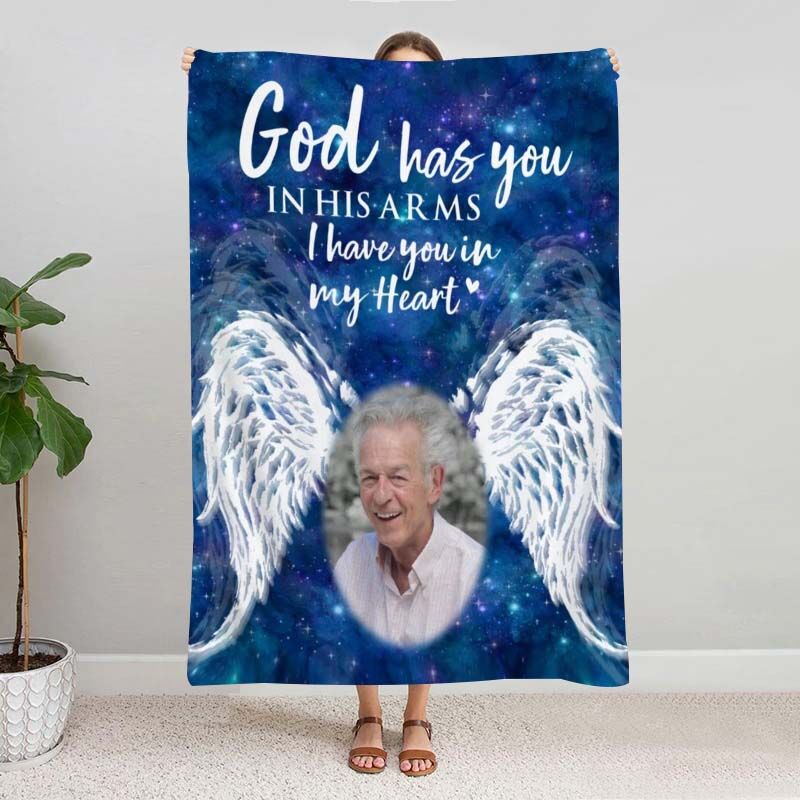 Memorial Throw Blanket Personalized with Photo Angel Wings God Has You in His Arms