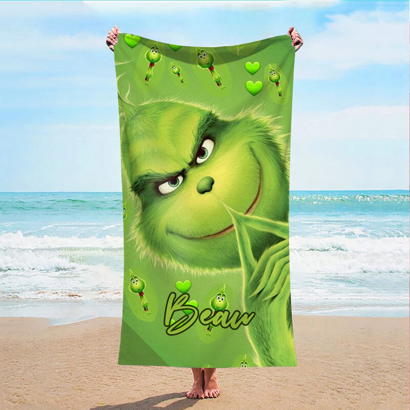 Personalized Name Bath Towel with Green Cartoon Pattern Funny Gift for Child