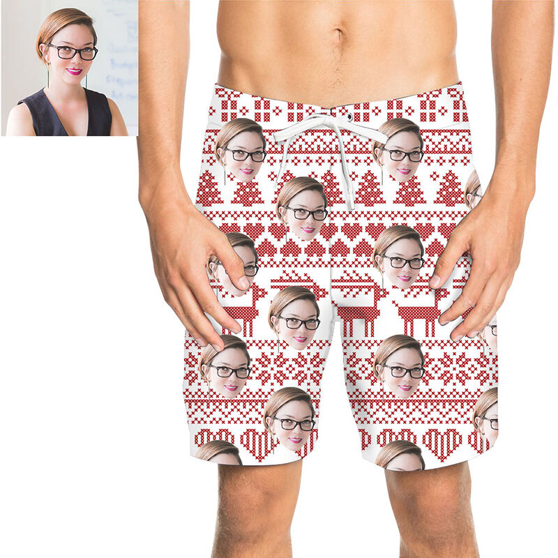 Custom Face Red and White Men's Beach Shorts