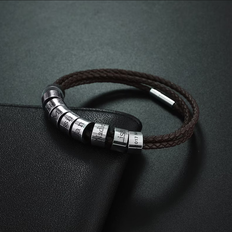 Custom Family Name Men's Layered Braided Leather Bracelet