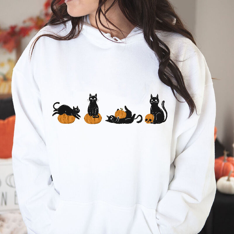 Vibrant Style Hoodie with Kitten Pattern Playing With Pumpkin Cute Gift for Halloween