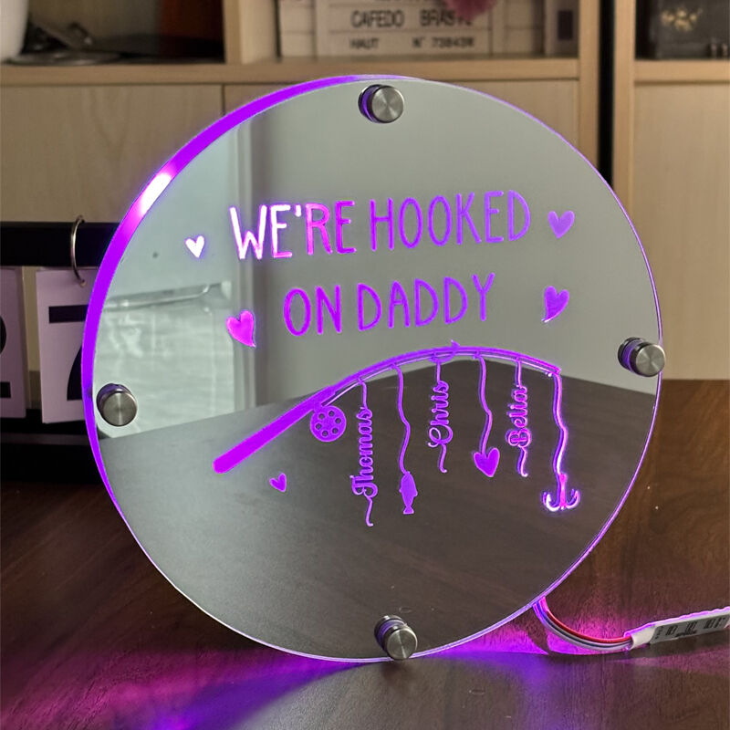 Personalized Round Mirror Lamp With Fishing Rod Cool Gift For Dad