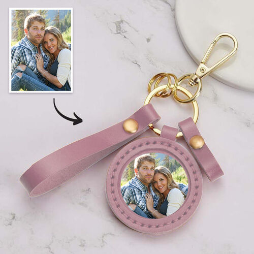 Custom Photo Keychain With Light Pink Leather