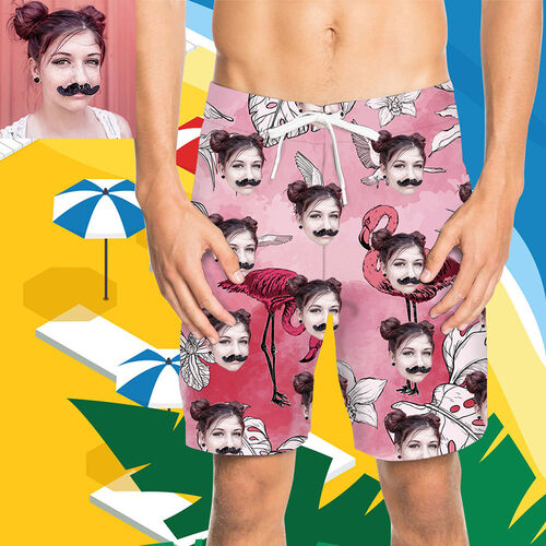 Pantaloni da Mare Uomo Corti Personalizzati con Faccia e Flamingo Foglie Rosa
